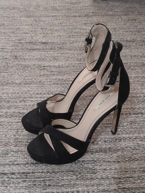 Zara Black Suede Platform Ankle-Strap Stiletto Heels 5" - Size 38